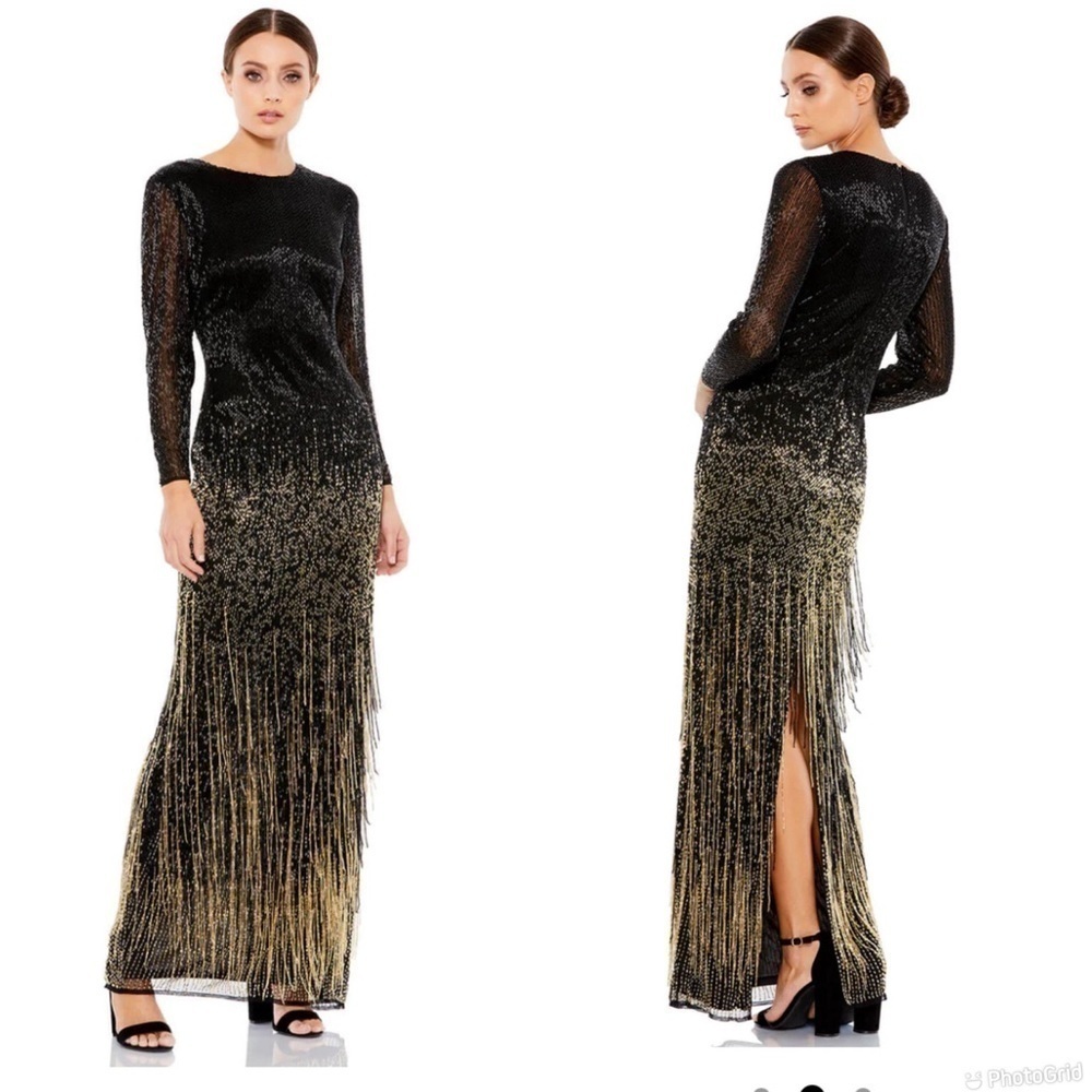 Mac Duggal Long Sleeve Beaded Fringe Evening Gown